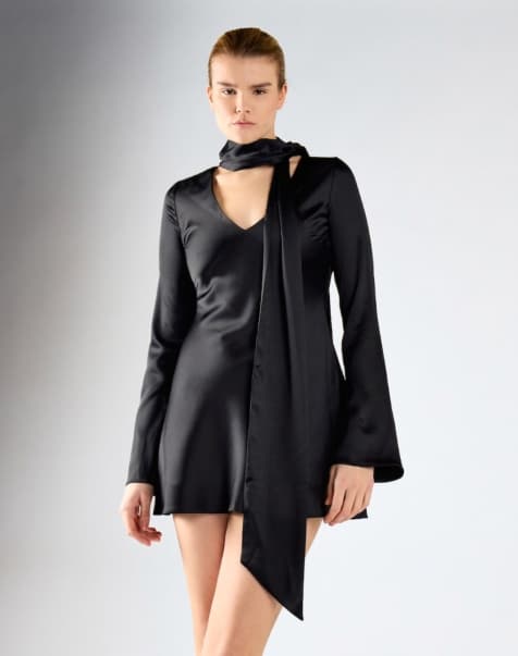 Glamorous Scarf detail flared sleeve mini dress in black