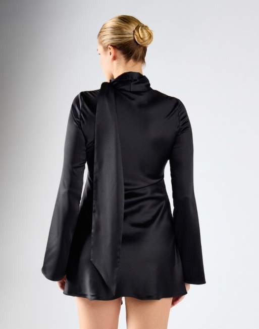 Glamorous Scarf detail flared sleeve mini dress in black, 3 of 4