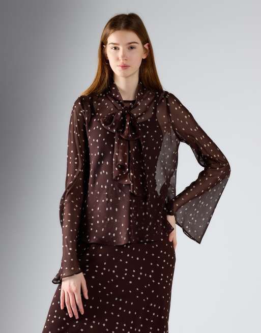 Glamorous Scarf detail top in brown cream spot, 2 of 4