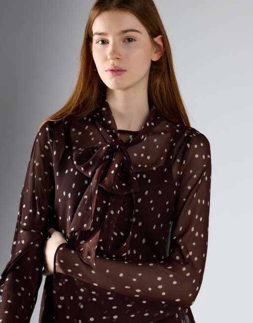 Glamorous Scarf detail top in brown cream spot, 3 of 4