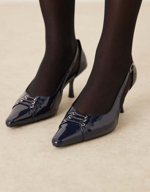 Glamorous - Scarpe décolleté a punta con tacco blu navy in vernice, 2 di 4