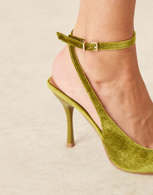Glamorous - Schoenen met strikbanden en hak in kakigroen fluweel, 4 van 4