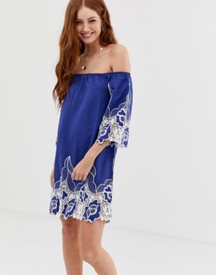 Glamorous - Schouderloze jurk met gebloemd borduursel-Blauw