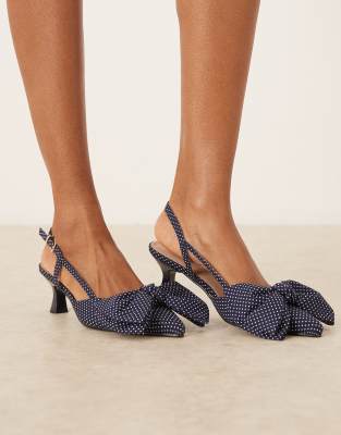 Glamorous - Schuhe in Marineblau mit Polka Dots, Kitten Heels und Schleife-Brown