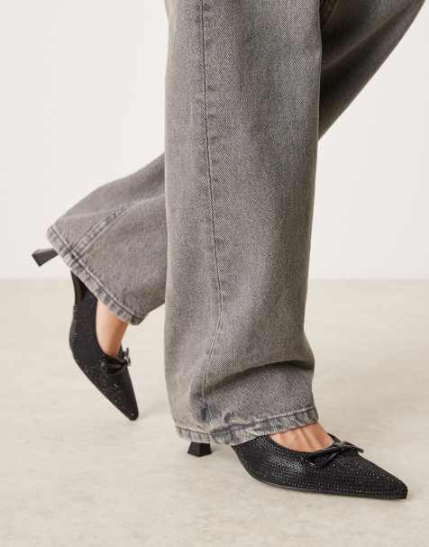 Glamorous – Schuhe in verziertem Schwarz mit Schleife, Fersenriemen und Kitten-Absatz - view 1