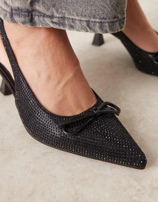 Glamorous – Schuhe in verziertem Schwarz mit Schleife, Fersenriemen und Kitten-Absatz, 2 von 4