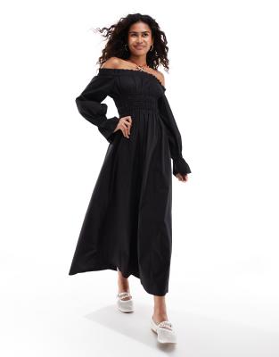 Glamorous - Schulterfreies Maxi-Strandkleid in Schwarz mit gesmokter Taillenpartie