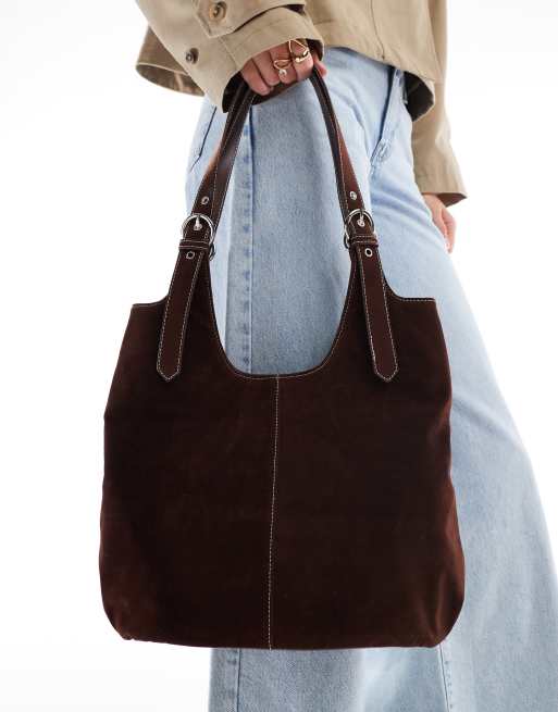 Glamorous – Schultertasche aus Wildlederimitat in Schokobraun mit Trageriemen , 2 von 4