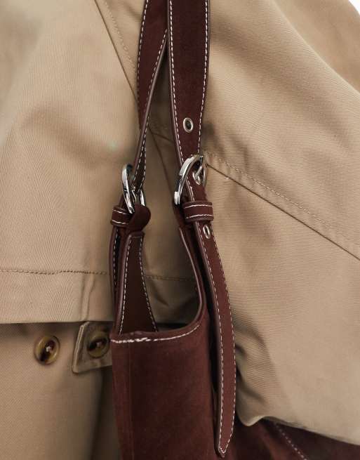 Glamorous – Schultertasche aus Wildlederimitat in Schokobraun mit Trageriemen , 3 von 4