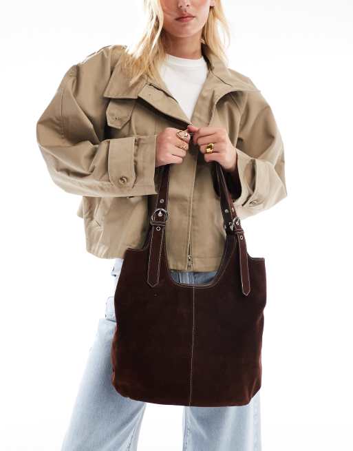 Glamorous – Schultertasche aus Wildlederimitat in Schokobraun mit Trageriemen , 4 von 4