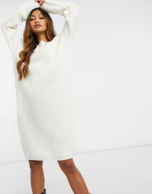 Glamorous Scoop-back Knitted Midi Sweater Dress With Lace Trim-white