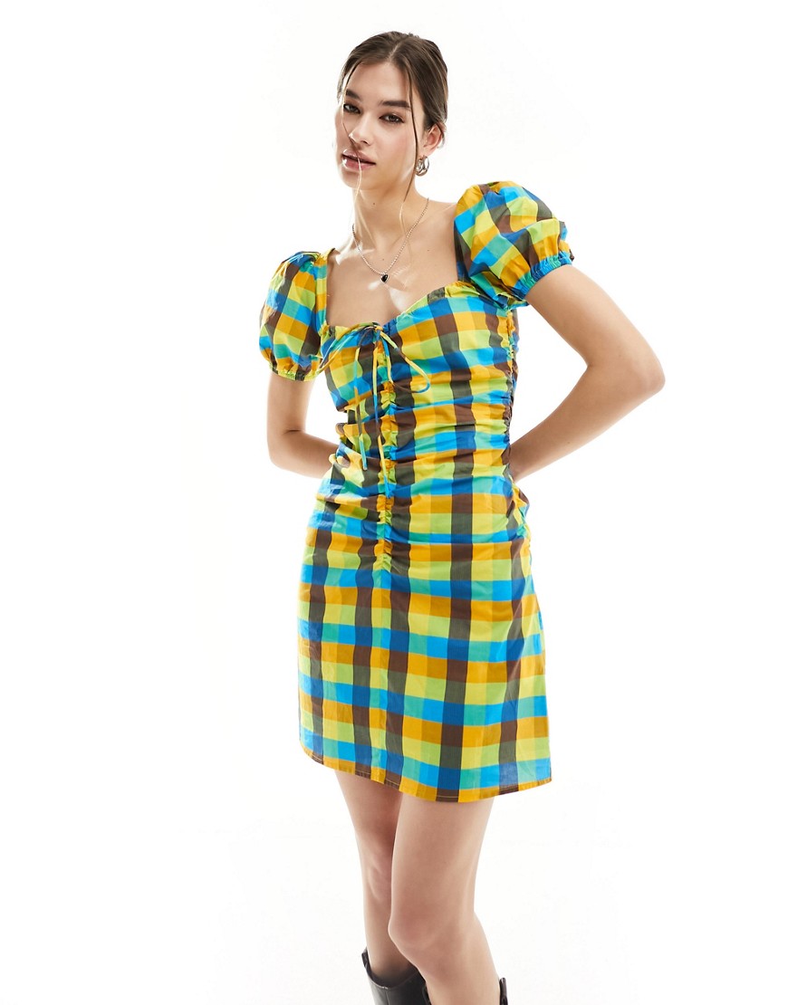 Glamorous Scoop Neck Short Sleeve Ruched Mini Dress In Bright Plaid-multi In Green