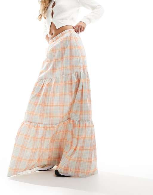 Glamorous scoop tiered maxi skirt in blue check