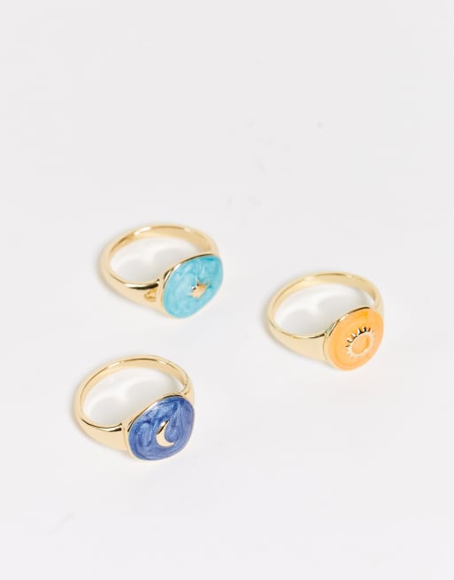 Glamorous - Set van 3 emaille ringen in goud en multi