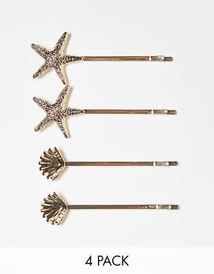 Glamorous - Set van 4 haarspelden met schelpjes en zeesterren in goud