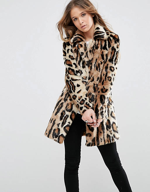 Glamorous Shawl Collar Coat In Large Scale Leopard Faux Fur