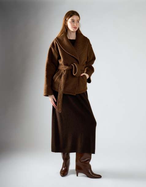 Glamorous Shawl-collar wrap coat in mid brown - view 1