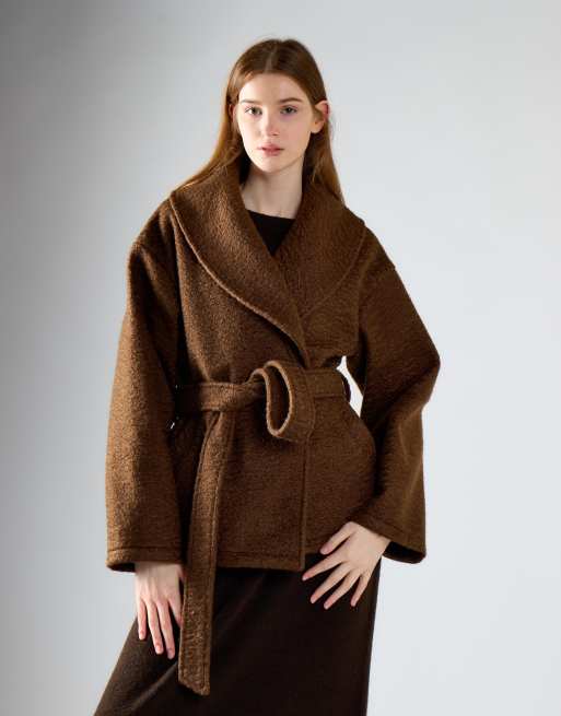 Glamorous Shawl-collar wrap coat in mid brown, 2 of 4