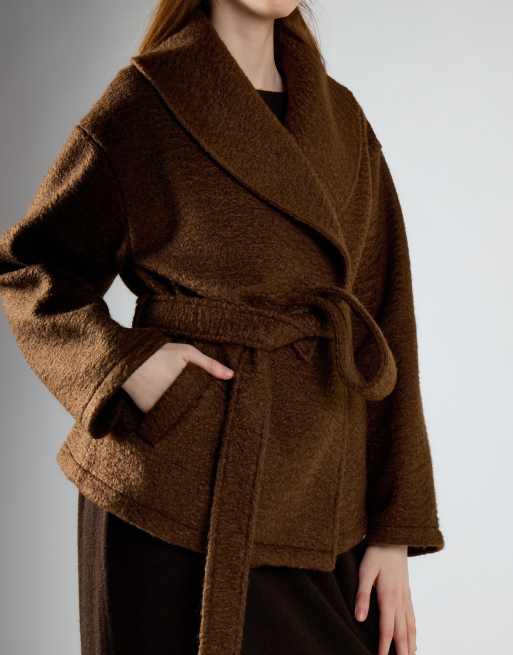 Glamorous Shawl-collar wrap coat in mid brown, 3 of 4