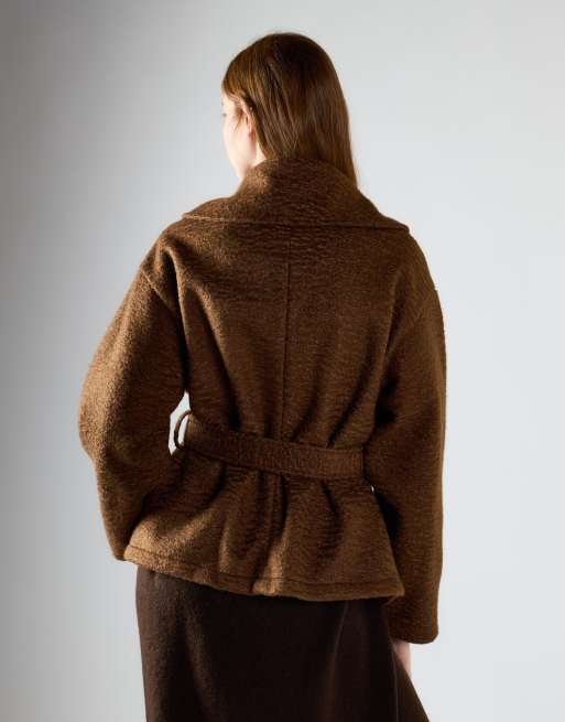 Glamorous Shawl-collar wrap coat in mid brown, 4 of 4
