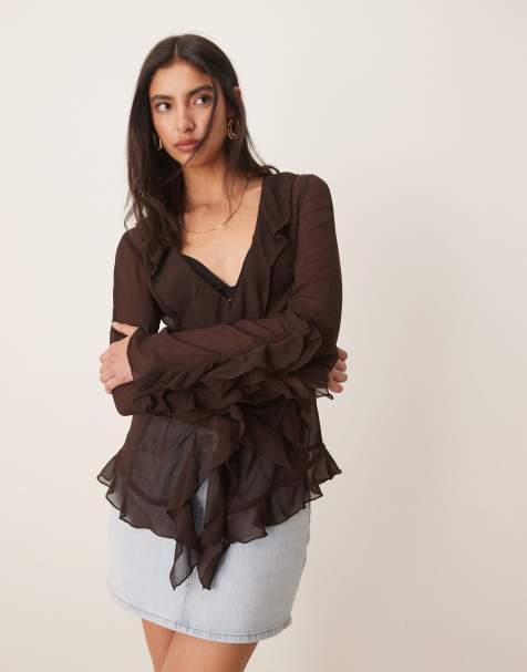 Glamorous sheer frill detail blouse in brown - view 1