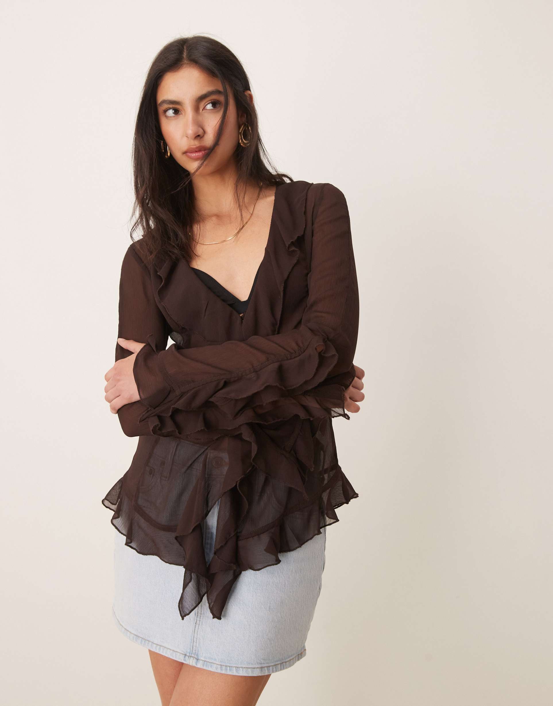 glamorous sheer frill detail blouse in brown