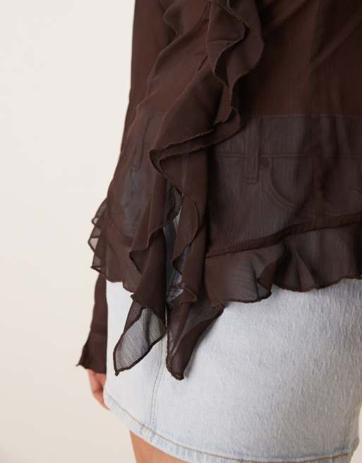 Glamorous sheer frill detail blouse in brown | ASOS