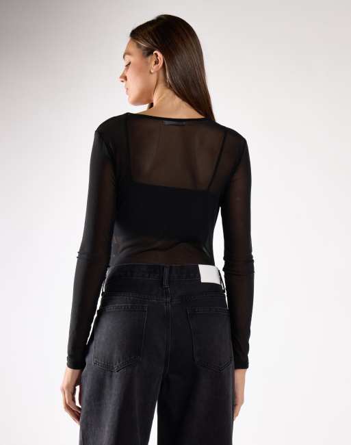 Glamorous Sheer mesh long sleeve bodysuit in black mesh, 3 of 4