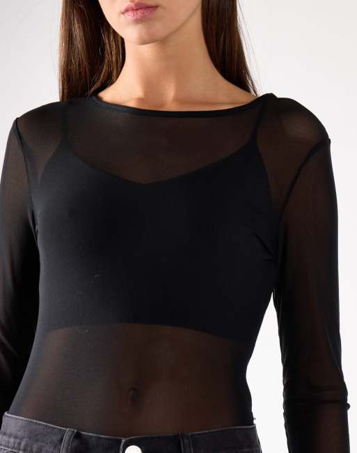 Glamorous Sheer mesh long sleeve bodysuit in black mesh, 4 of 4