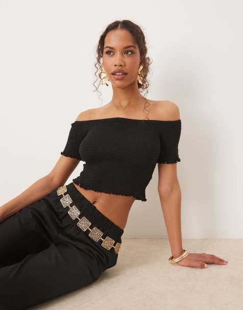 Glamorous Shirred bardot crop top in black - view 1