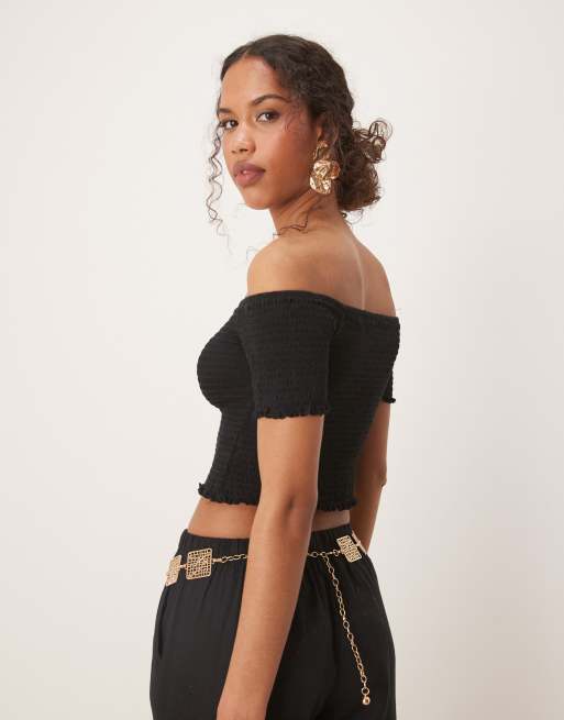 Glamorous Shirred bardot crop top in black, 4 of 4