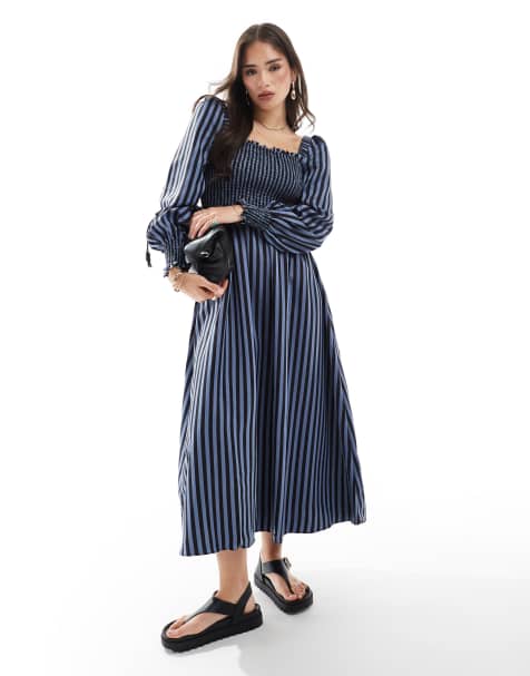 Glamorous shirred bodice maxi dress in blue black stripe