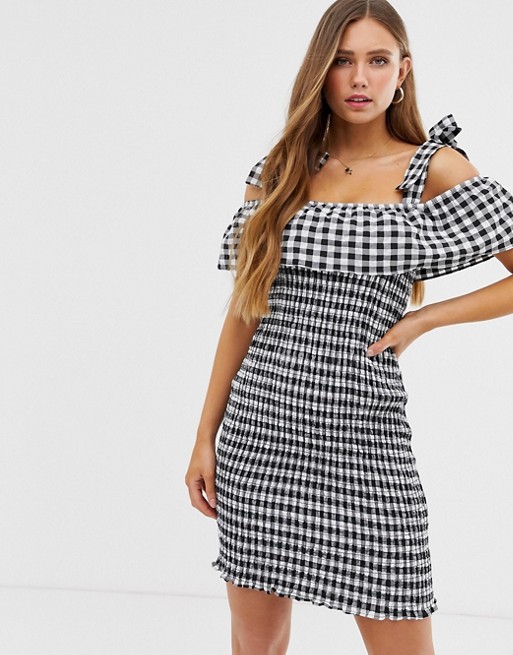Glamorous shirred bodycon dress with tie shoulders in gingham