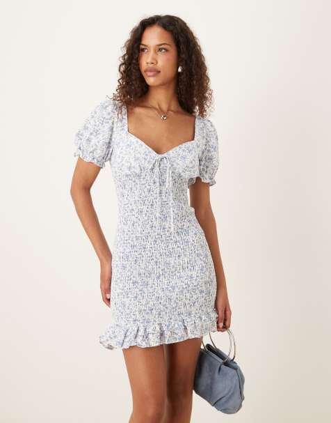 Glamorous Shirred bodycon mini dress in blue ditsy - view 1