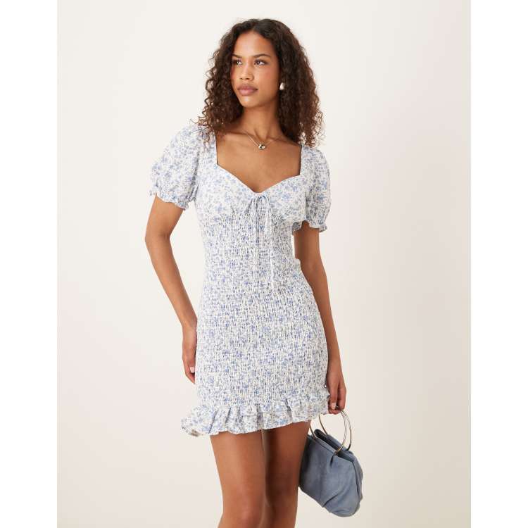 ditsy bodycon dress PrettyLittleThing Women's Ditsy Floral Jacquard Puff Sleeve Corset Mini Dress in Brown