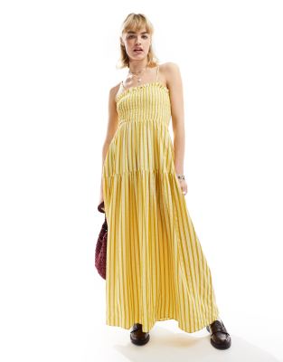 Glamorous Shirred Bust Cami Volume Maxi Smock Dress In Yellow Stripe