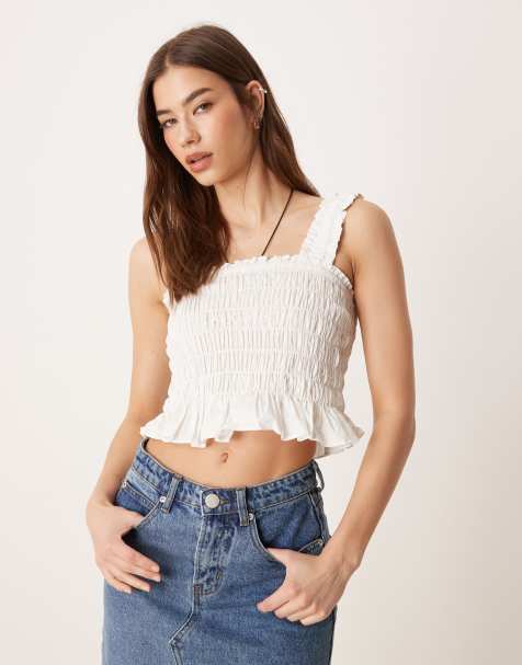 Glamorous shirred crop top in white