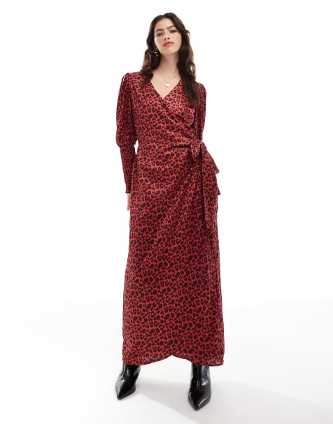 Glamorous Shirred cuff wrap maxi-dress in red black animal - view 1