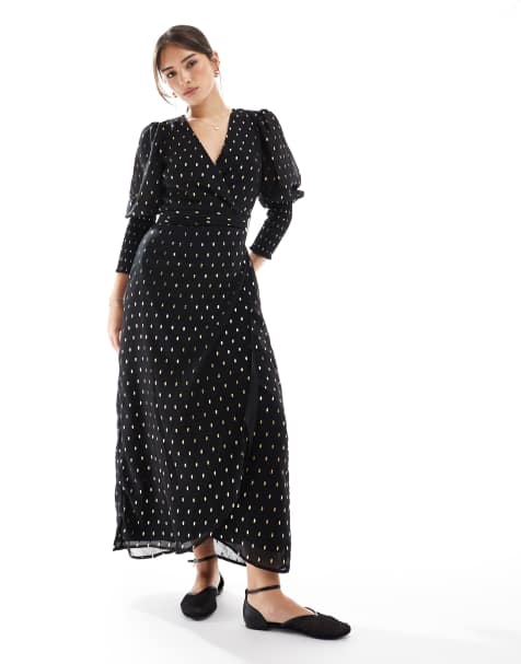 Glamorous Shirred cuff wrap midi dress in black gold spot - view 1