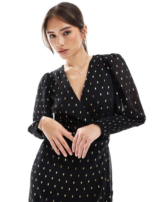 Glamorous shirred cuff wrap midi dress in black gold spot | ASOS