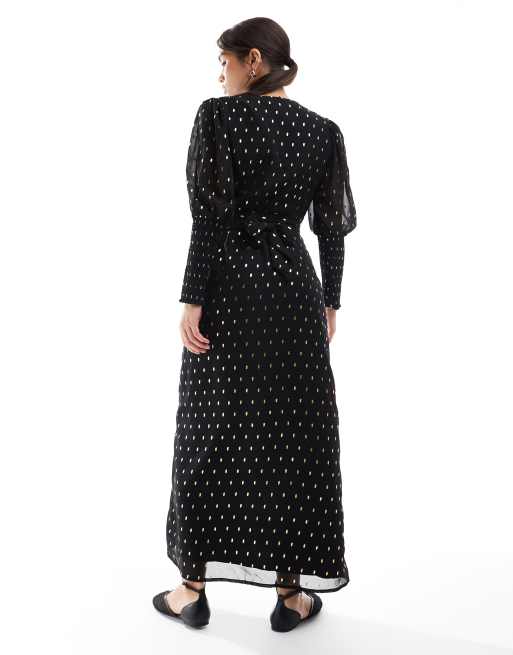 Glamorous shirred cuff wrap midi dress in black gold spot | ASOS