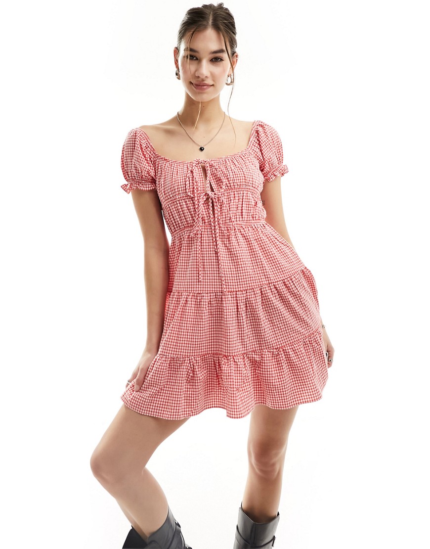 Glamorous shirred detail tierred mini dress in pink micro check