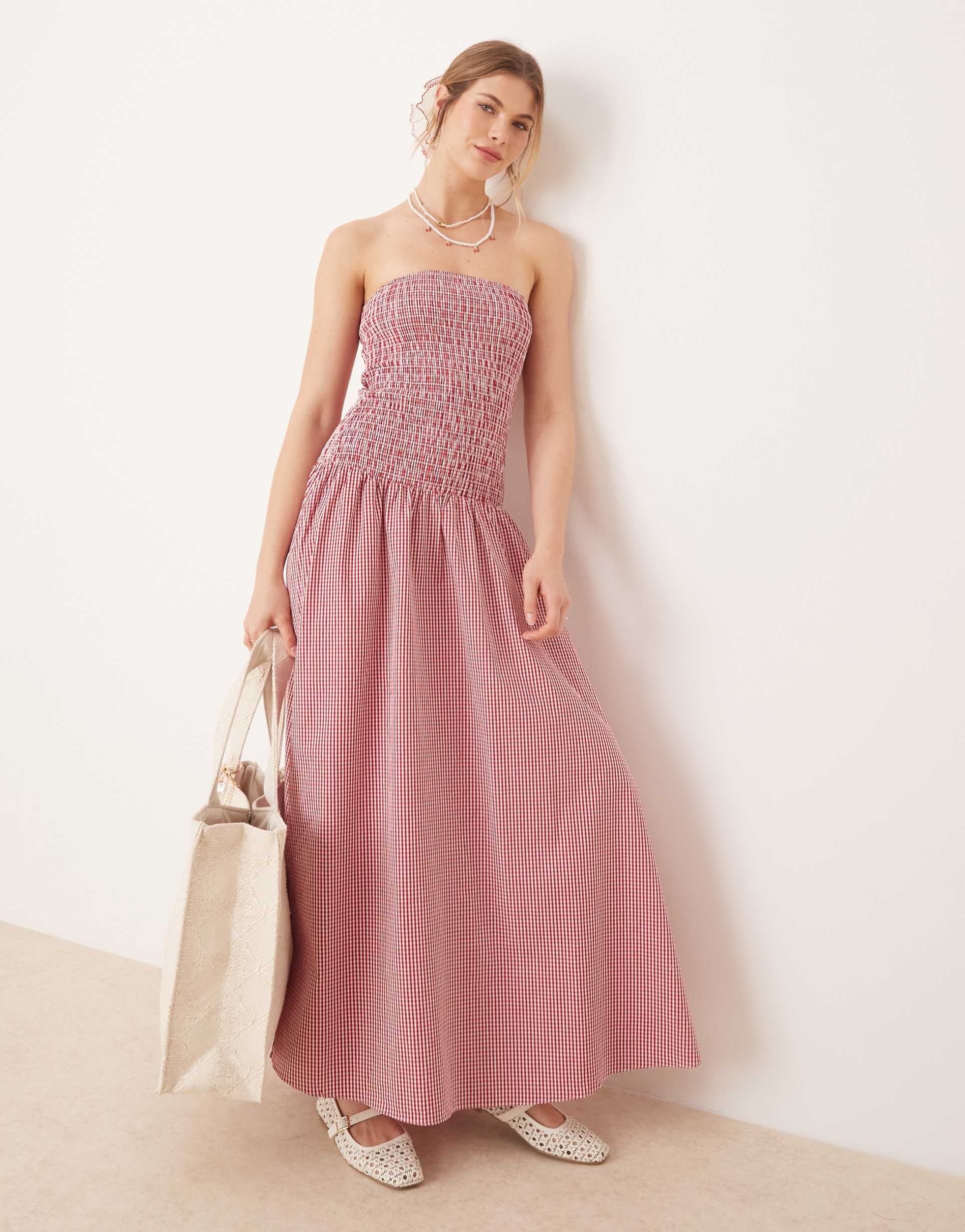 glamorous shirred drop waist maxi dress in red gingham