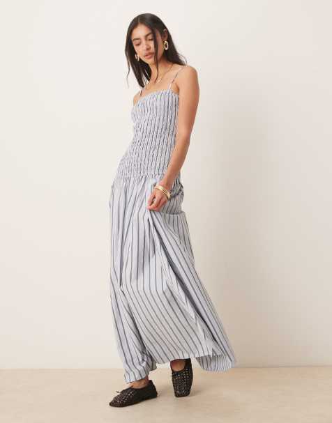 Glamorous shirred drop waist maxi dress in white charcoal stripe - view 1
