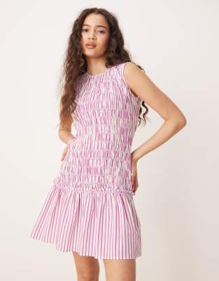 shirred drop waist mini dress in pink stripe