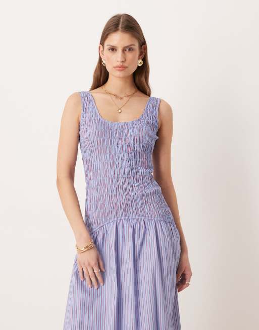 Glamorous shirred dropped waist maxi dress in red and blue stripes, 2 of 4