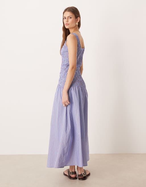 Glamorous shirred dropped waist maxi dress in red and blue stripes, 4 of 4