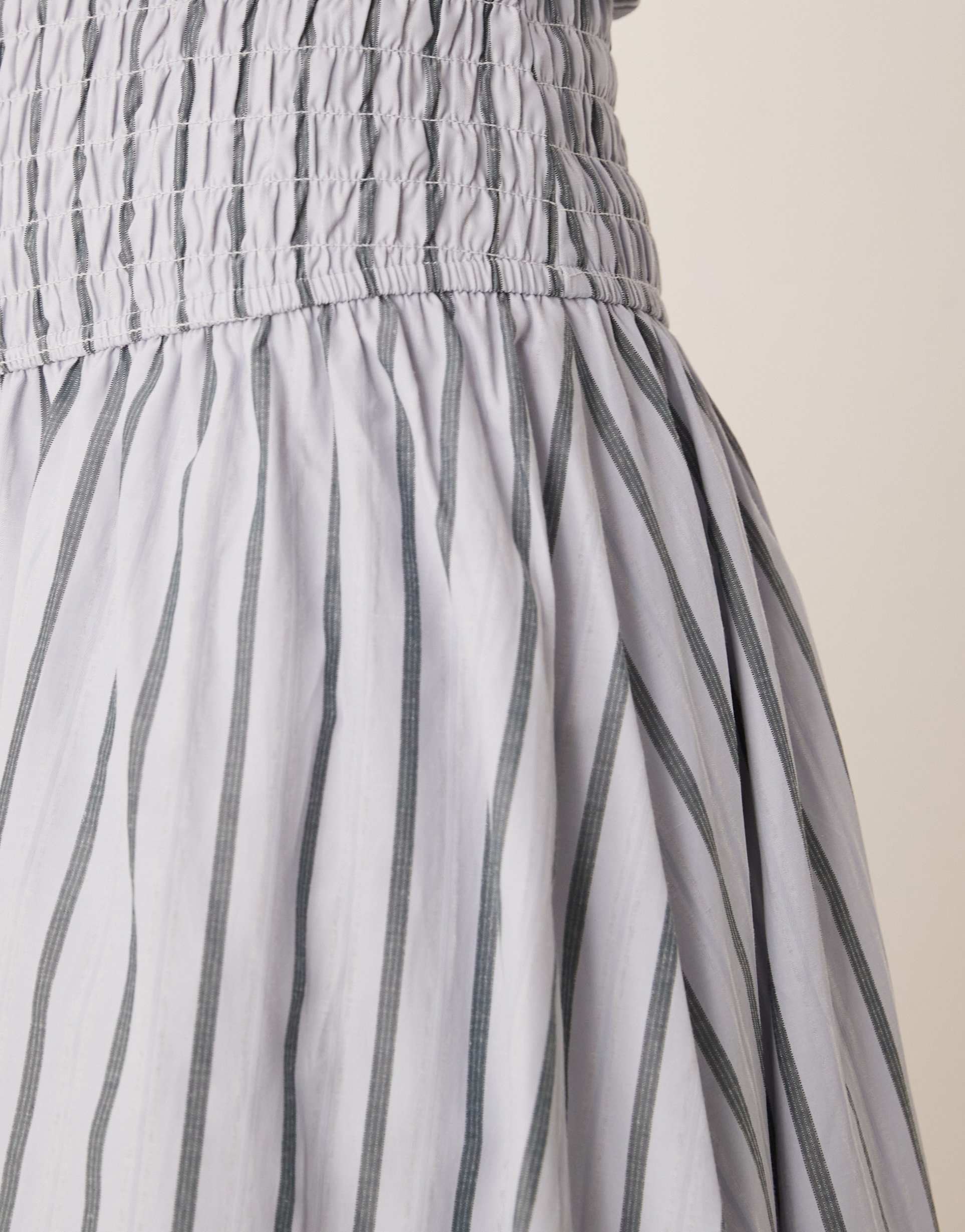 glamorous shirred dropped waist maxi dress in white and charcoal stripes