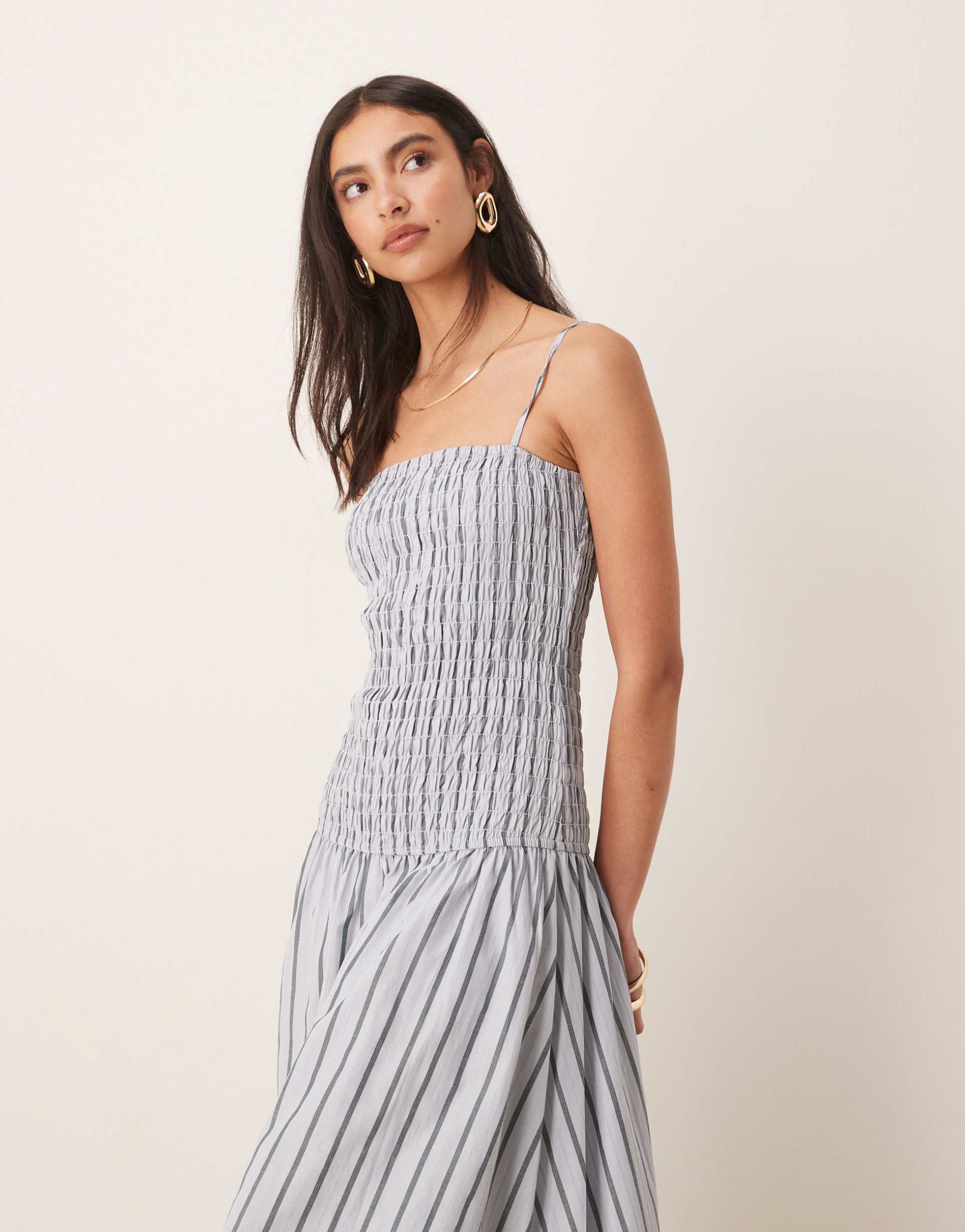 glamorous shirred dropped waist maxi dress in white and charcoal stripes