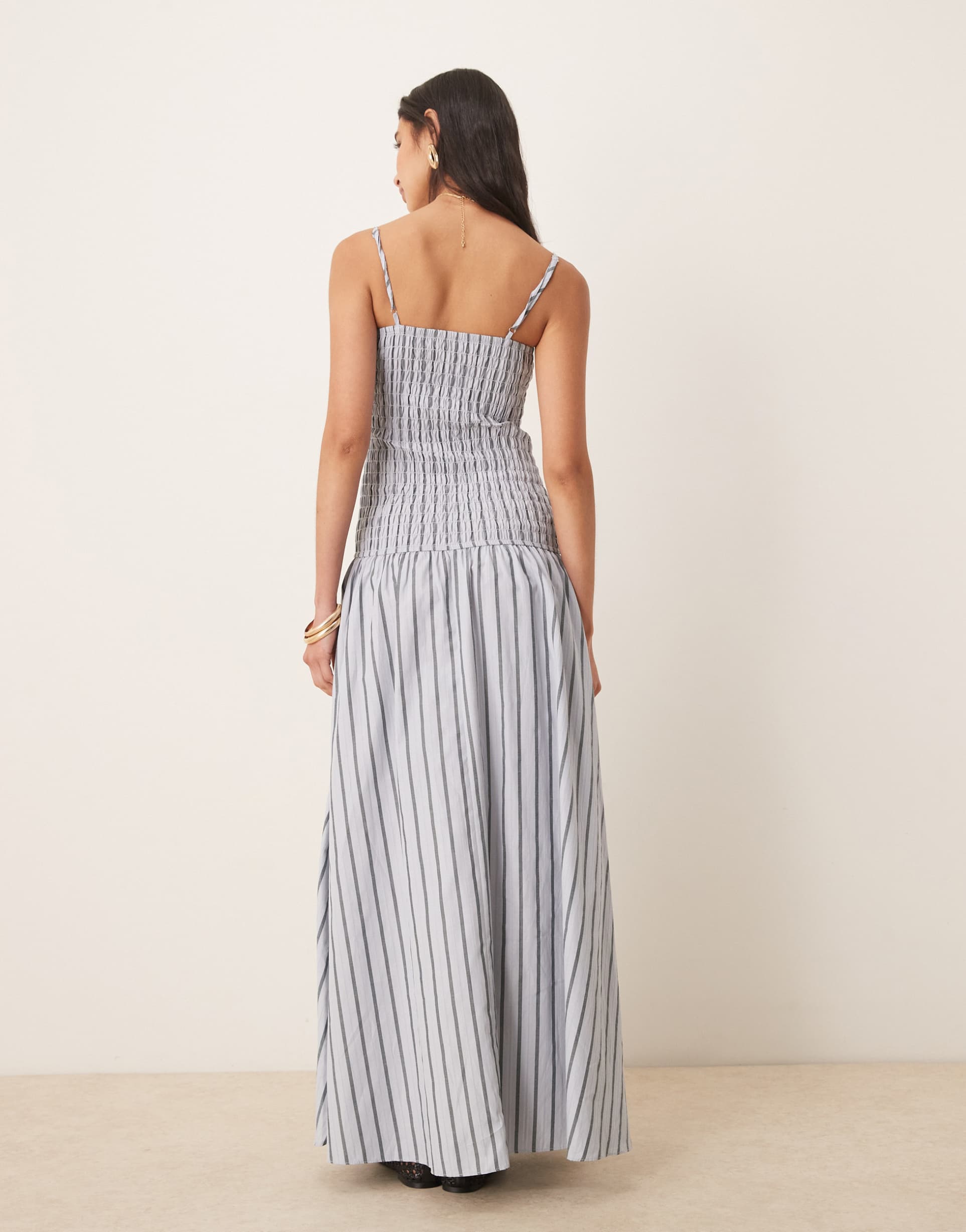 glamorous shirred dropped waist maxi dress in white and charcoal stripes